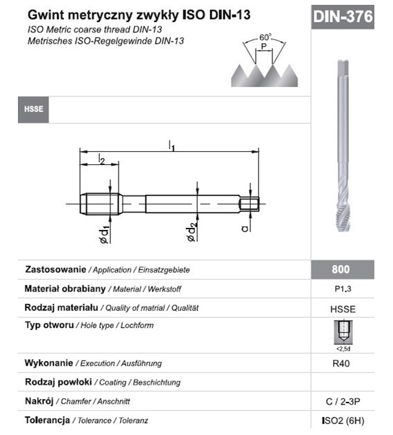 GWINTOWNIK M20 DIN-376C R40 (6H) HSSE 800